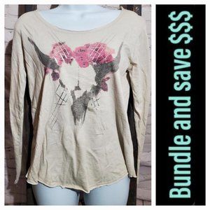 Small Long Sleeve Top - Bull Skull with Flowers - Country
